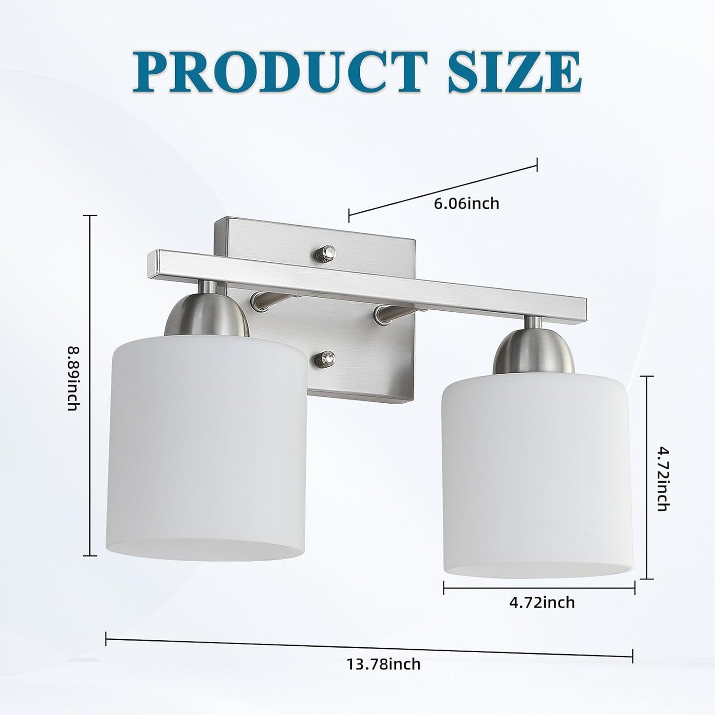 Stainless Steel Milk Glass Vanity Lights for Bathroom, 2 Light Brushed Nickel Bathroom Light Fixtures Over Mirror, Ceramic E26 Sockets Wall Mounted