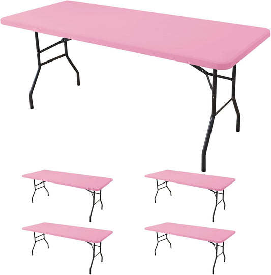 Fitted Tablecloth for 6 Foot Rectangle Tables-4 Pack Pink Elastic Outdoor Picnic Table Cover-Spandex Stretch Folding Table Cloths 6 ft for Camping Dining Room Patio Kitchen Banquet Party
