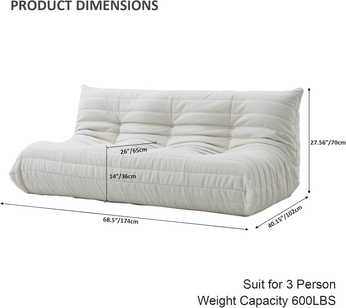 Luxury Sofa Couch Chair, Lazy Floor Seating, Fireside Bean Bag Chair, Ergonomic Tatami Sofa Lounger for Living Room, Bedroom, Office, 3 Seat, White