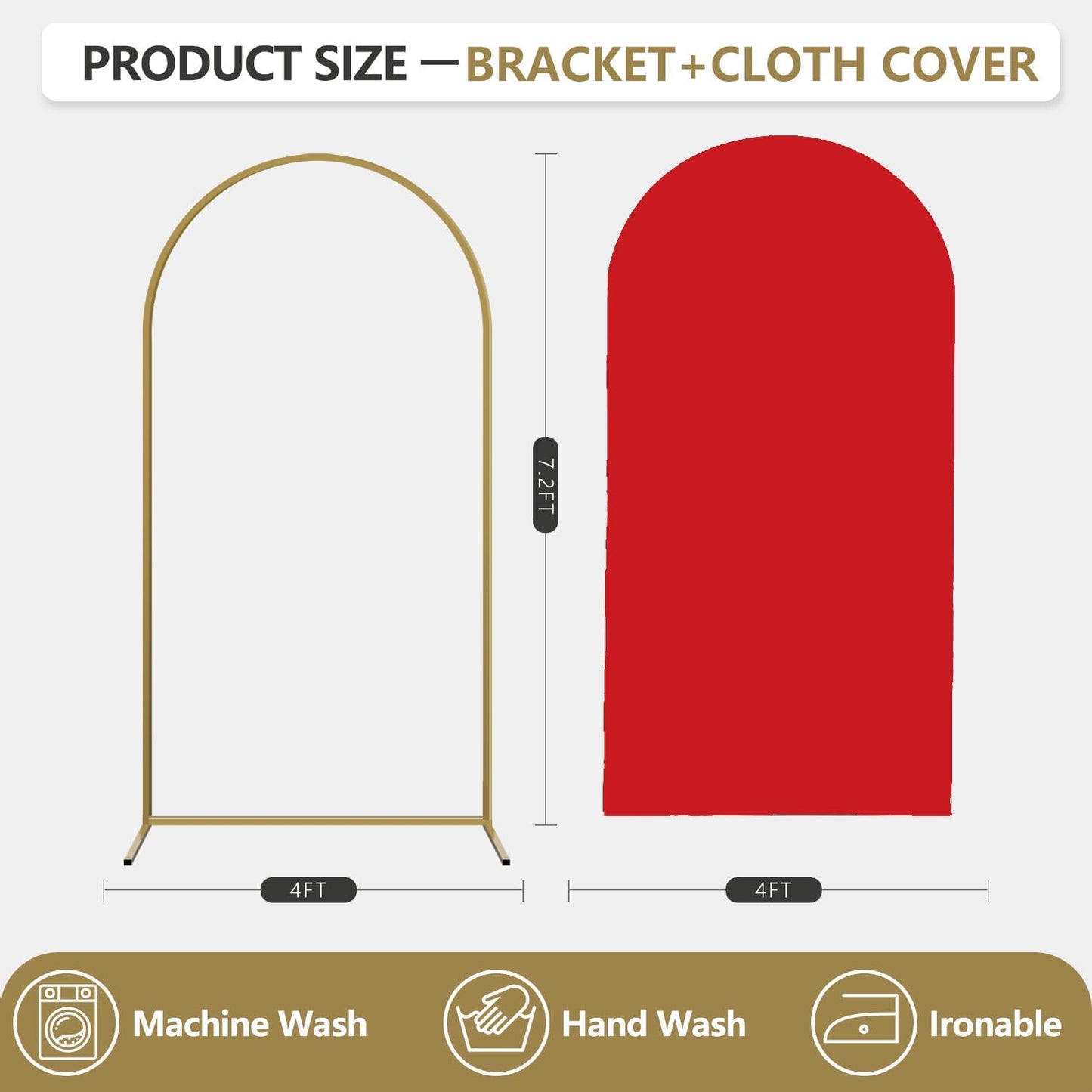 Arch Backdrop Stand and Cover Set, Metal Balloon Arch Backdrop 7.2ft, Gold Arched Stand Frame for Wedding, Parties,Birthday, Backdrop Decorations (Red,7.2ft)