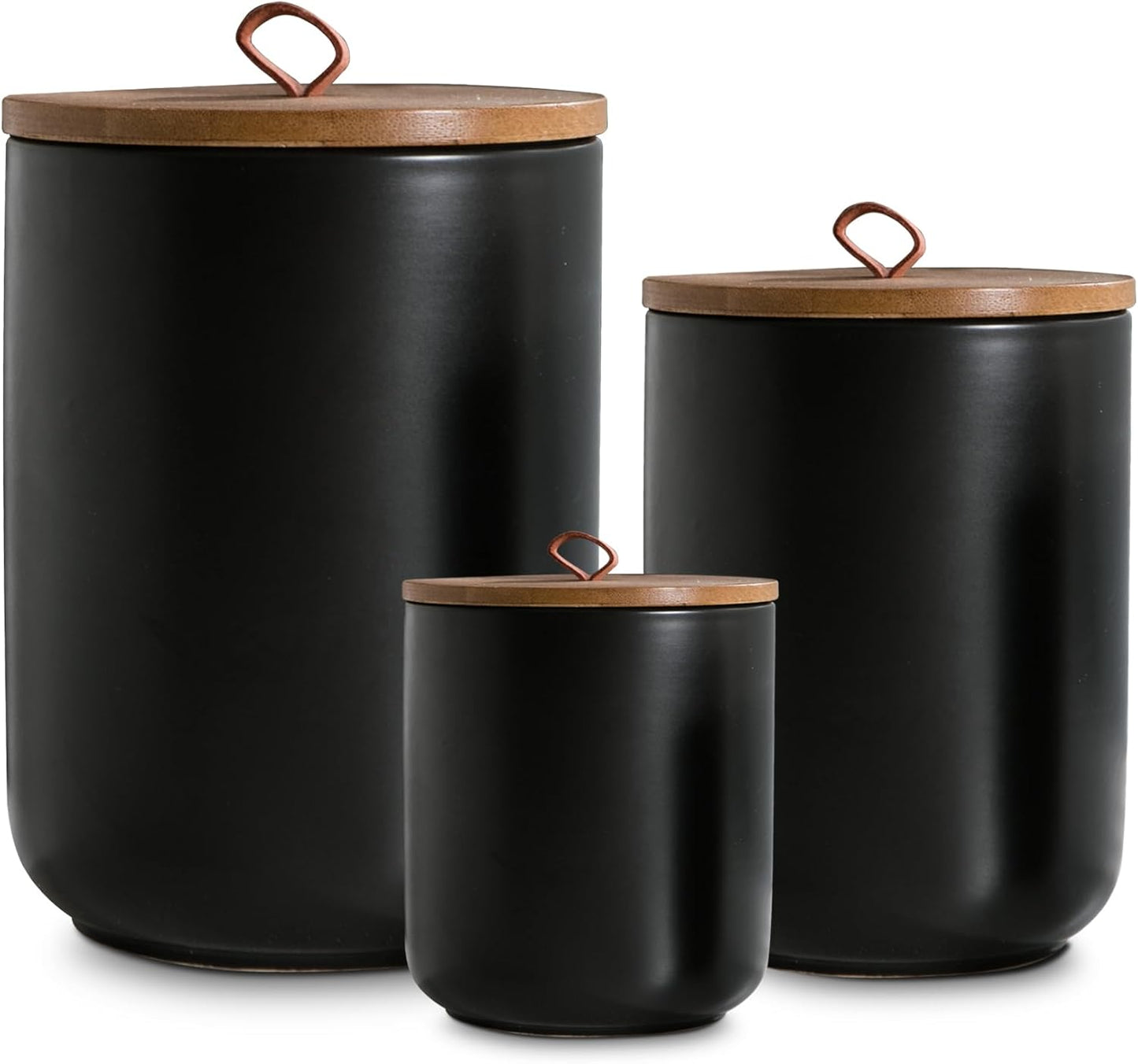 Black Ceramic Canister Set with Wooden Lid, 3-Piece Food Storage Jars for Kitchen Counter, Storage Container for Coffee, Tea, Spice, Sugar, Grains, Salt
