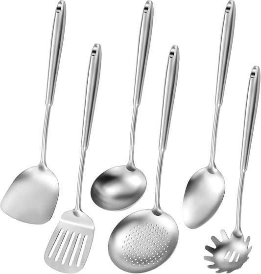 304 Stainless Steel Cooking Utensils,6 Pcs Kitchen Cooking Utensils Set with Spatula, Solid Spoon, Ladle, Skimmer, Spaghetti Spoon,Dishwasher Safe
