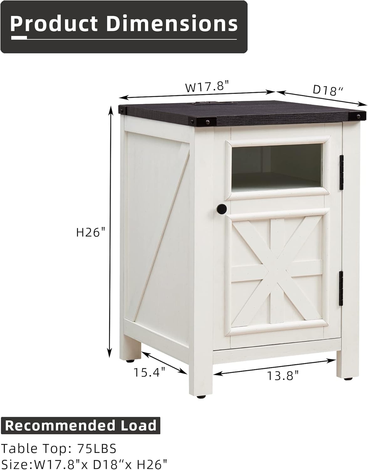 JXQTLINGMU Farmhouse End Table with Charging Station, 18'' Rustic Nightstand with Barn Door & Adjustable Shelf, Wooden Sofa Side Table with 3-Tier Storage for Living Room, Bedroom, White