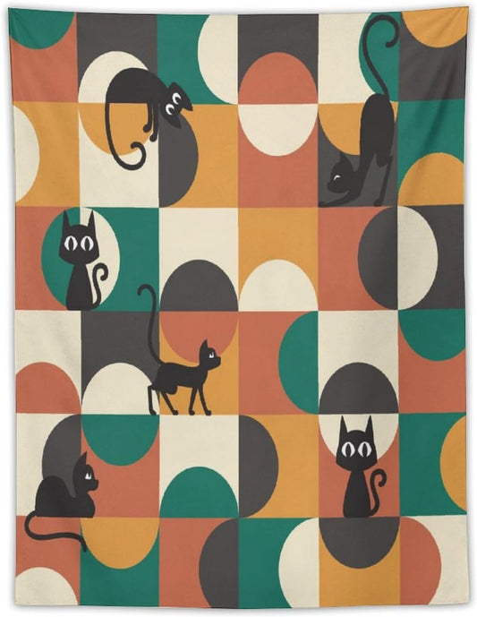 ICMOLYYENLO Boho Medieval Cat Tapestry, Abstract Atomic Starburst Geometric Aesthetic Art Wall Hanging For Bedroom Living Room Dormitory 40x60 Inches