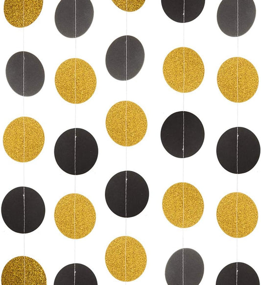 WEVEN Black and Glitter Gold Paper Garland, Circle Dots Banner Bunting Streamer Hanging Party Decorations, 2.5" in Diameter, 20 Feet in Total