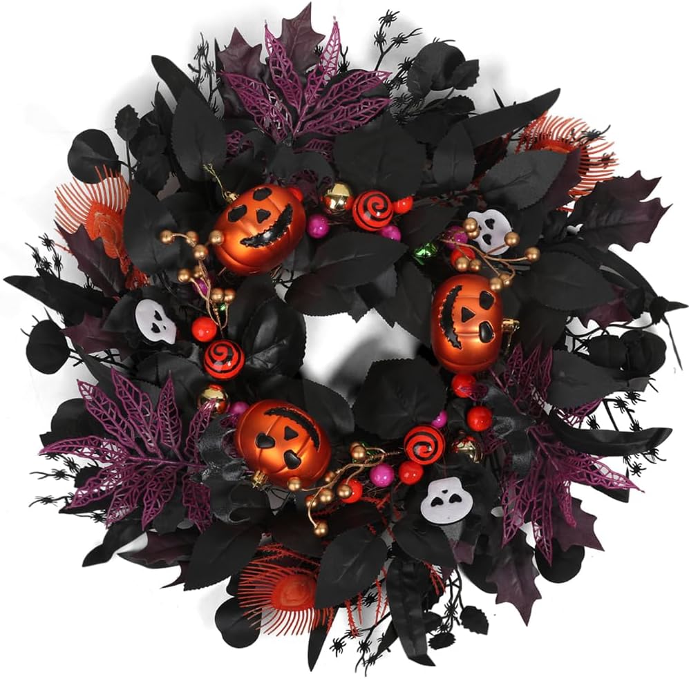 24" Glitter Halloween Wreath Outdoor - Sparkly Balls, Skulls, Bat, Skeleton, Pumpkin on Black Twig | Front Door Outside Goth Decor for Spooky Night