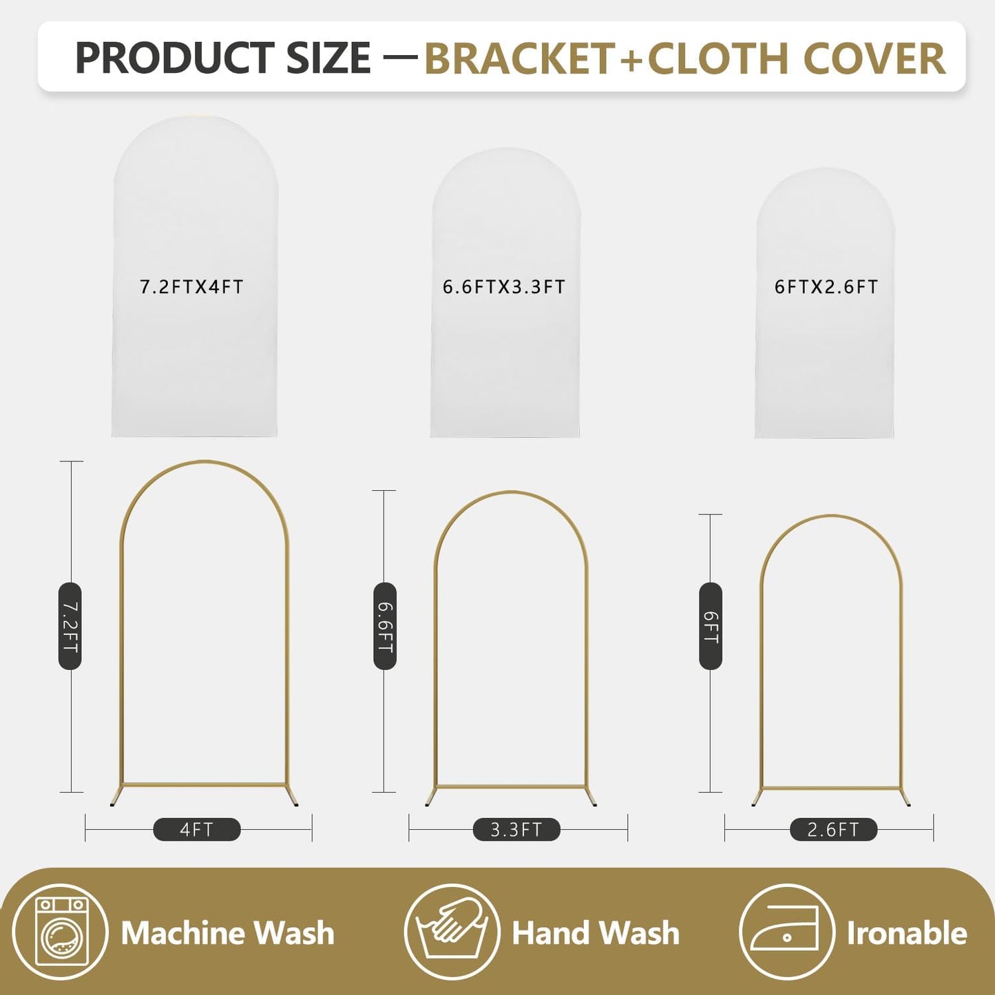 Arch Backdrop Stand and Cover Set, 3 Metal Balloon Arch Backdrop 7.2ft 6.6ft 6ft, Gold Arched Stand Frame for Wedding, Parties,Birthday, Backdrop Decorations (White,7.2ft+6.6ft+6ft)