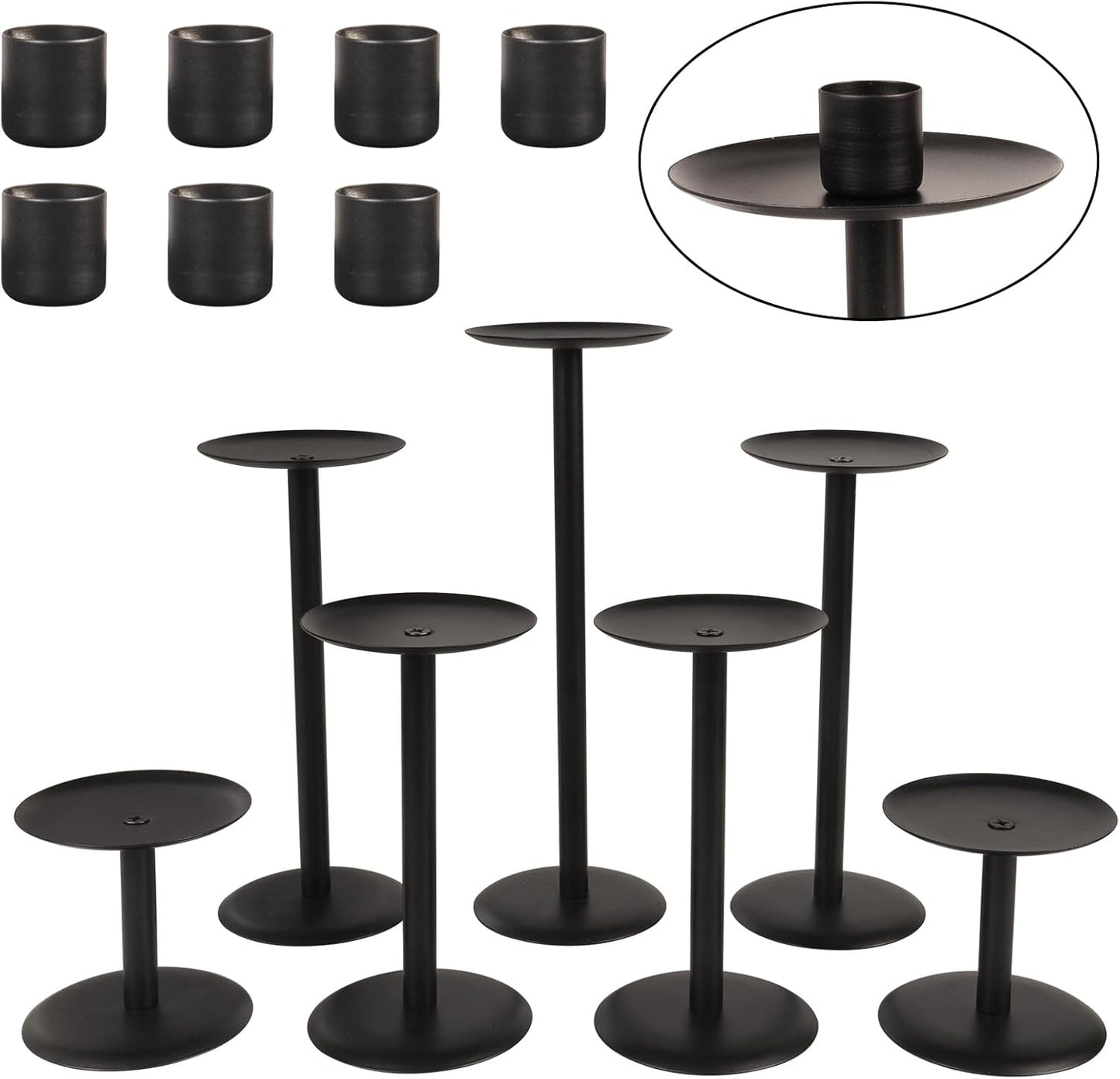 Set of 7 Metal Black Candle Holders, Assemblable Pillar and Taper Candlesticks, Halloween Fall Thanksgiving Day Dining Table Centerpieces Decor, Mantle Fireplace Candle Sticks Decorations