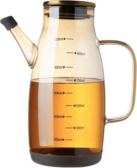 Large Glass Oil Dispenser Bottle for Kitchen Cooking Recipiente Para Aceite De Cocina Olive Oil Vinegar Dispenser Cruet Stainless Steel Lid No Drip Liquid Container (Champagne, 34oz /1000ml)