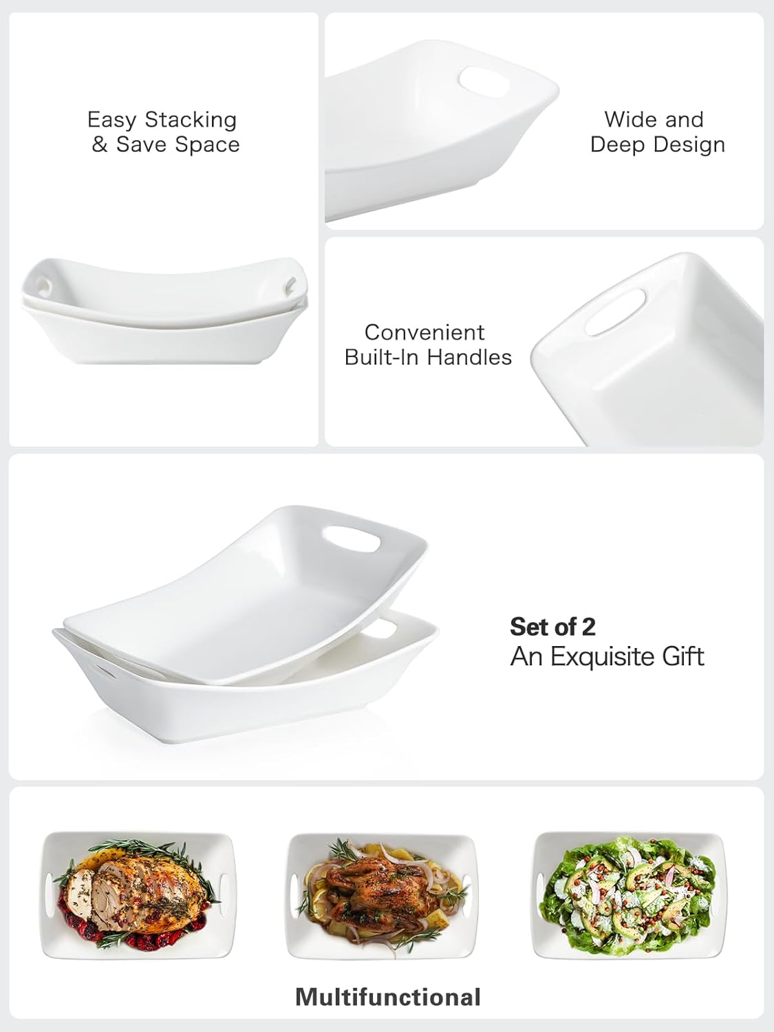 Kanwone Large Serving Bowls with Handles, White Serving Dishes For Entertaining, 1.8 Quarts Porcelain Bowl Set for Turkey, Fruit, Salad, Rectangle Serving Platter for Parites, Thanksgiving, Set of 2