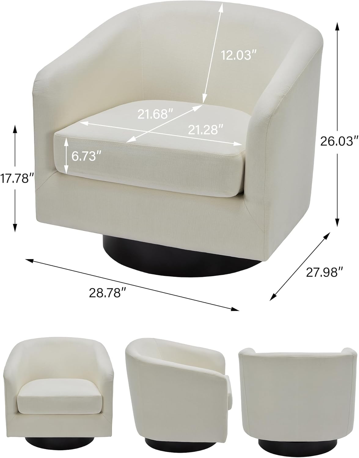 Swivel Barrel Accent Chair, Modern Round Linen Arm Chair for Living Room, Bedroom, Comfy Club Reading Chairs for Adults（Linen Fabric, Beige, Set of 1