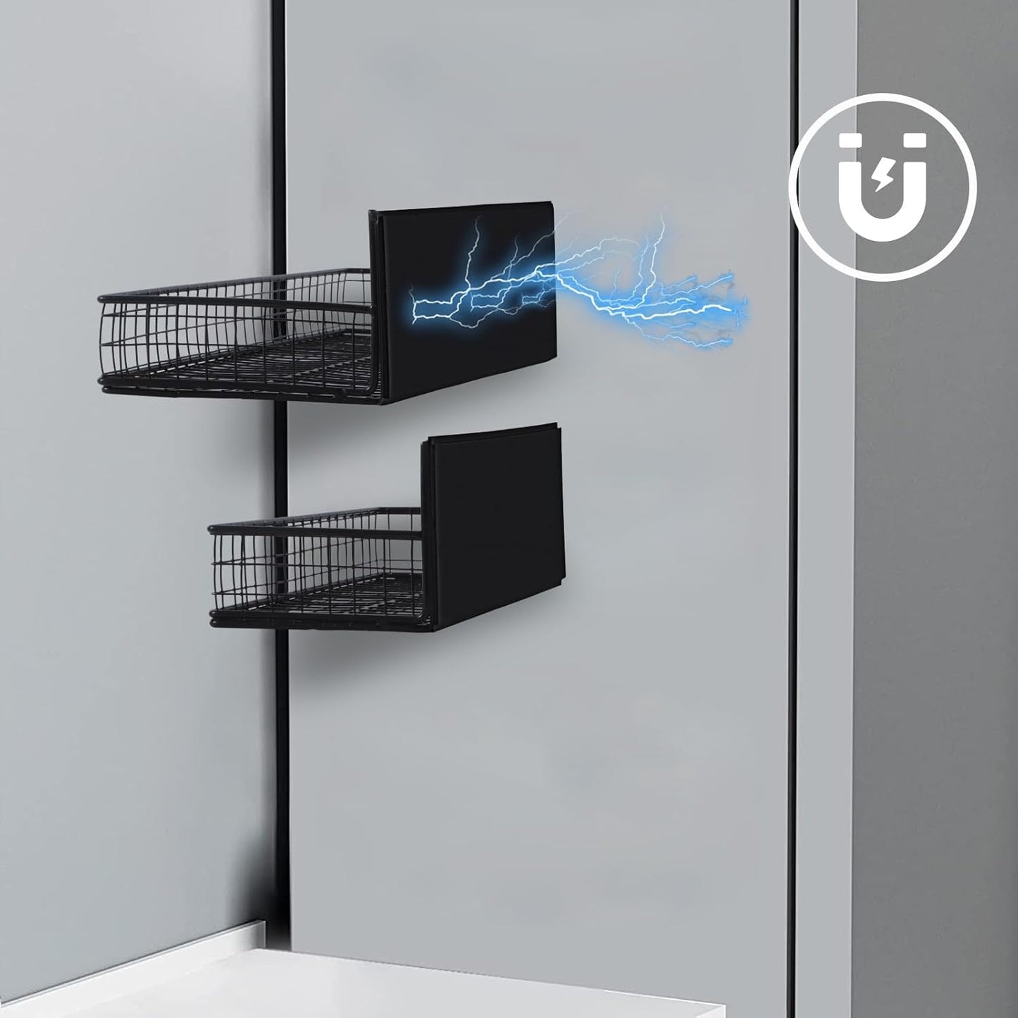 Magnetic Storage Basket, Magnetic Shelf for Fridge,Magnetic Spice Rack Wire Mesh Magnetic Organizer Holder Accessories for Office Kitchen Classroom Storage, Black-Short, Large x1&Small x1 Set of 2