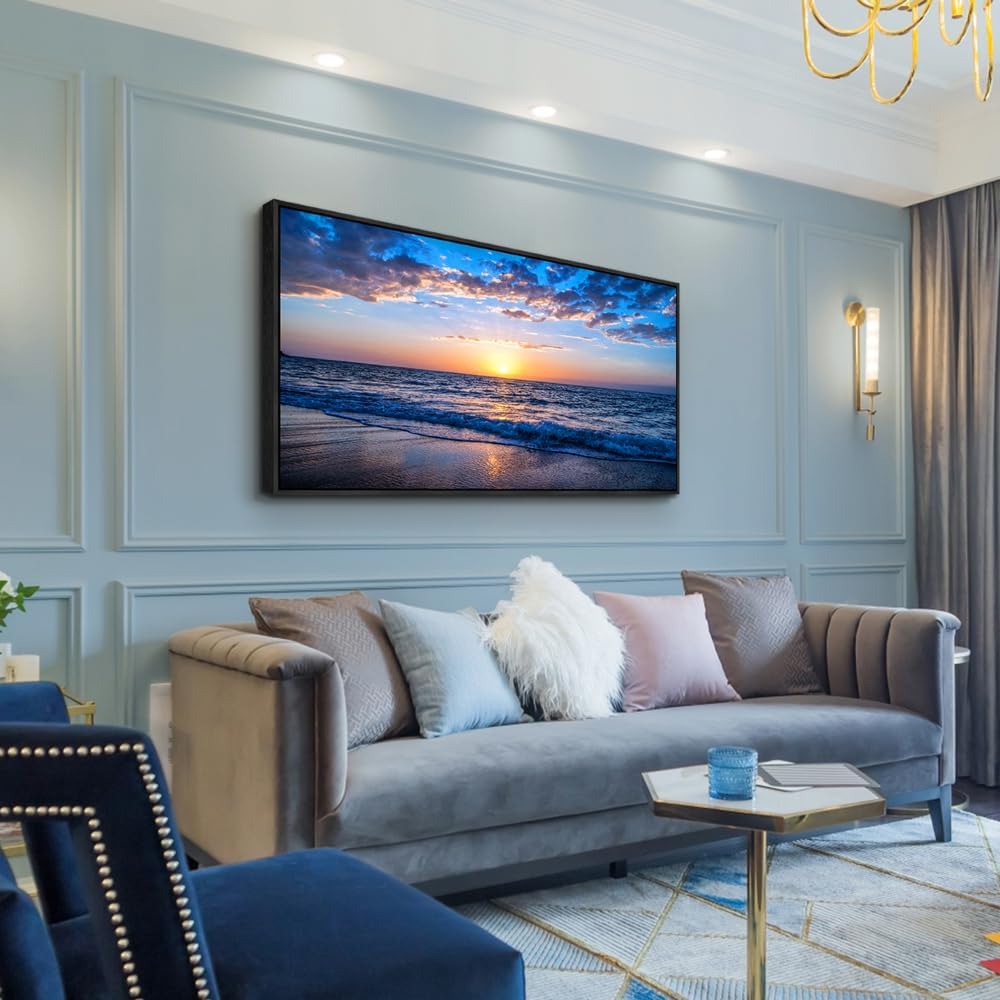 Wapluam Black Framed Wall Decor For Bedroom Large Canvas Wall Art For Living Room Office Wall Decorations Blue Ocean Wall Painting Sea Beach Seascape Pictures Fashion Artwork Hotel Room Home Decor