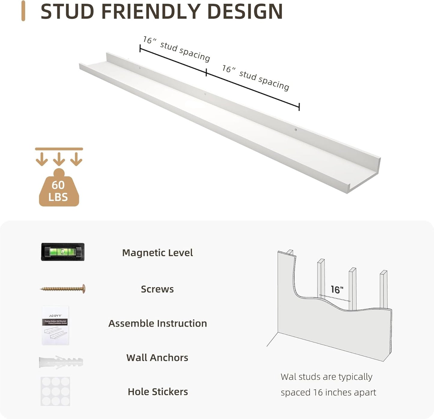 Picture Ledge Shelf, Wood Long Floating Shelves for Wall, Set of 2, 48 inch Picture Ledge Shelves, Photo Ledge Nursery Book Shelves Wall Mounted for Living Room Kids' Room Bedroom, Color White