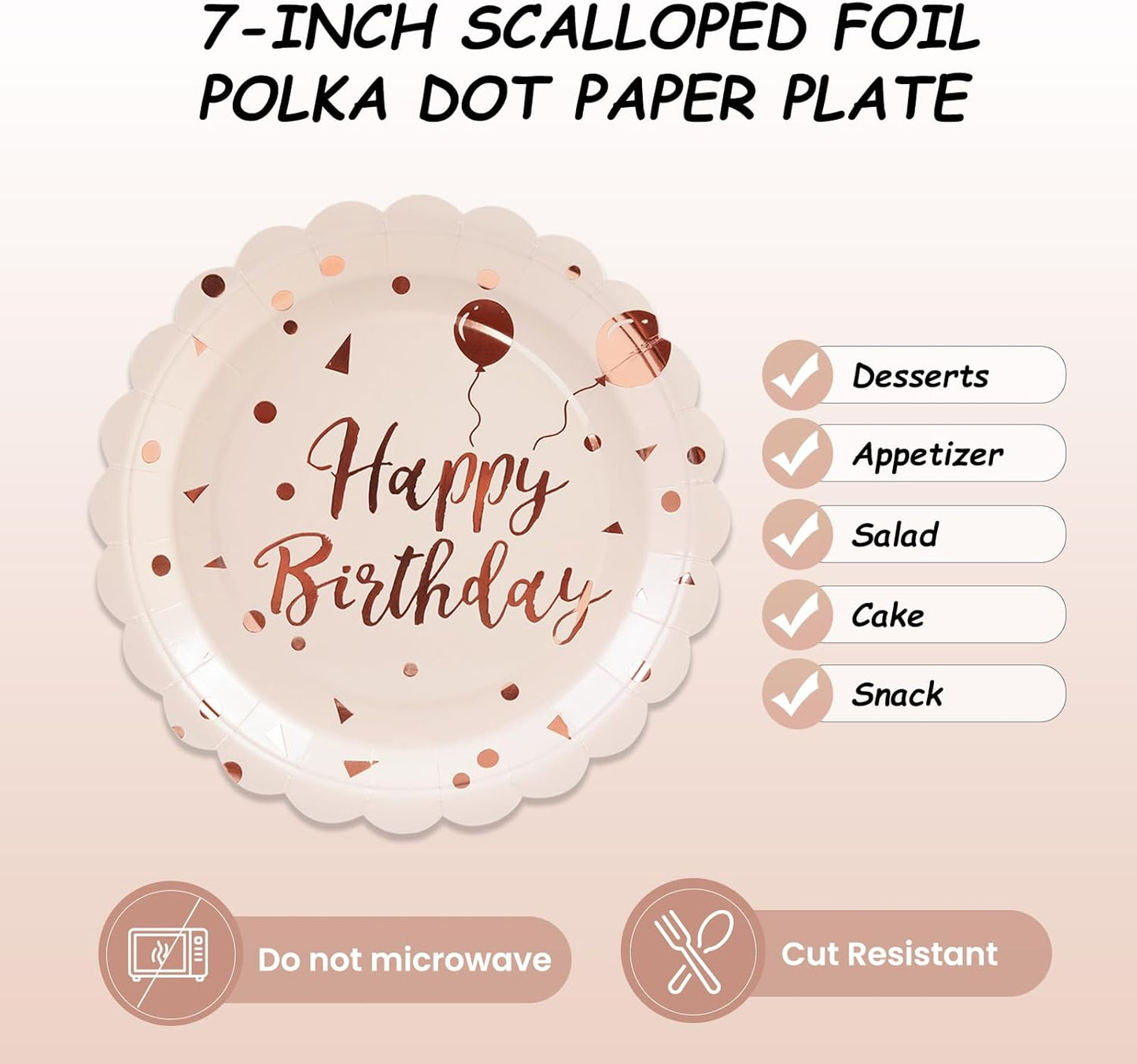 50PCS Pink Rose Birthday Paper Plates - 7 Inch Happy Birthday Cake Plates Scalloped Pink Dessert Plate Disposable Party Tableware Set for Girls Women Birthday's Party Supplies Decorations