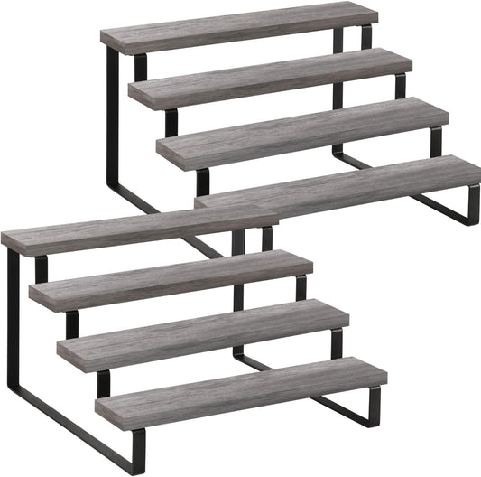 YINMIT Wooden Display Riser Stand, Tiered Perfume and Cologne Organizer Stand, 4 Tier Spice Rack Organizer, Rustic Display Shelf for Candles (4 Tier,2Pack,Grey)