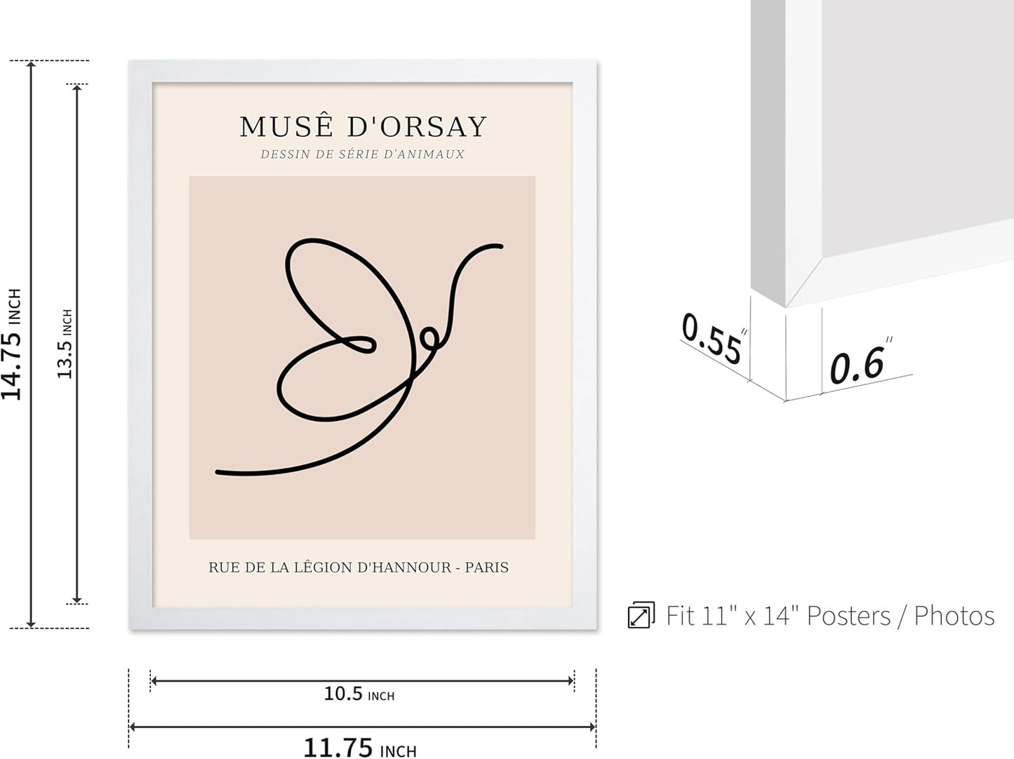 Poster Master Vintage Poster - Retro One Line Butterfly Drawing Print - Butterfly Line Art - Minimal Gift for Him, Her, Animal Lover - Abstract Decor for Home, Office, 11x14 White Framed