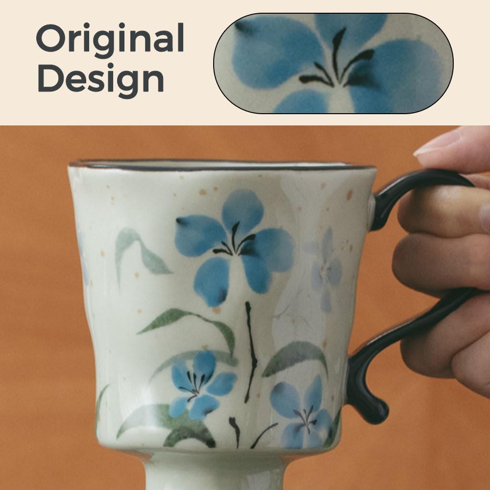 360ml -12.17oz Painted Forget-Me-Not Floral Ceramic Mug - Cute Coffee Cup for Latte, Espresso - Gift for Women, Dishwasher Safe