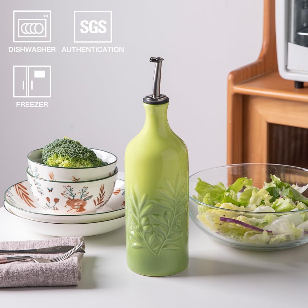 Sweejar Ceramic Olive Oil Dispenser Bottle, 20 Oz Relief Opaque Oil Cruet Protects Oil To Reduce Oxidation, Storage Oil, Vinegar, Soy Sauce, Coffee Syrup, Liquids, Set of 1 (Gradient Green)