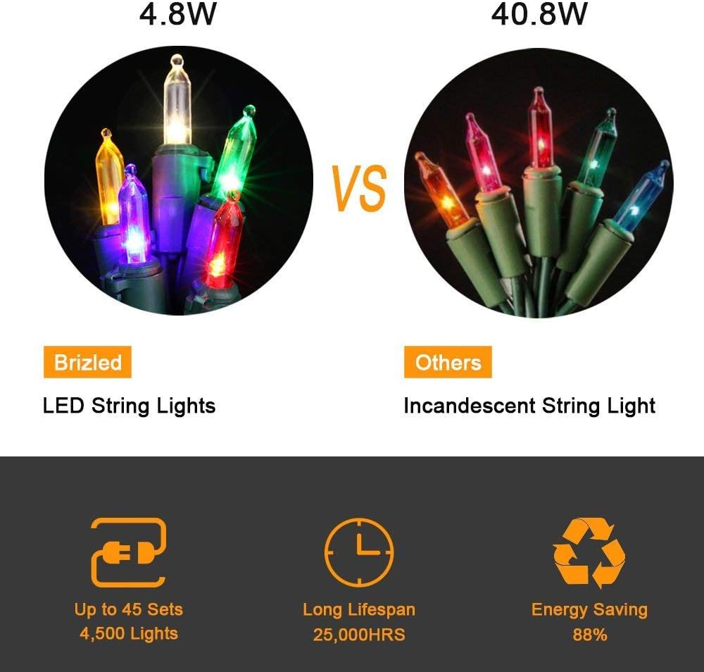 Brizled 4 Pack Color Christmas Lights, 33ft 100 LED Christmas String Lights, 120V UL Certified Multicolor Xmas Tree Light Plugin Mini Xmas Light for Indoor Outdoor Tree Party Home Wedding Decorations