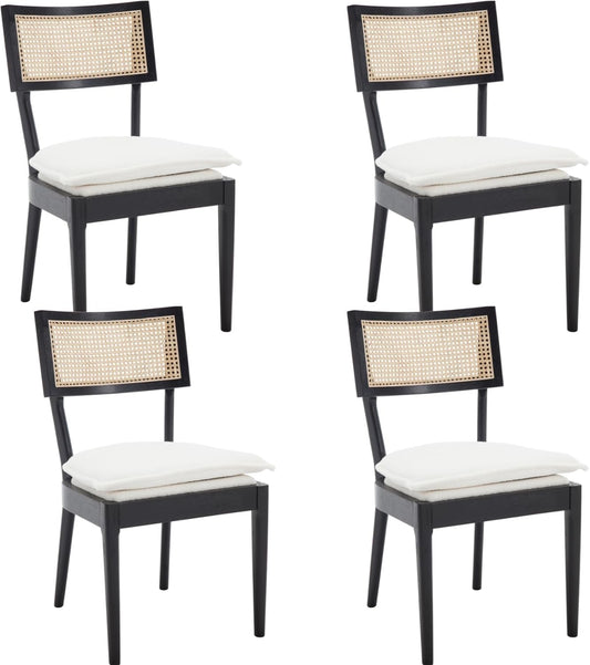 Rattan Dining Chairs Set Of 4 , Mid Century Modern Black Wooden Cane Back Chairs with Removable Sherpa Cushion , Retro Farmhouse Upholstered Kitchen & Dining Room Chairs for Restaurant Living Room