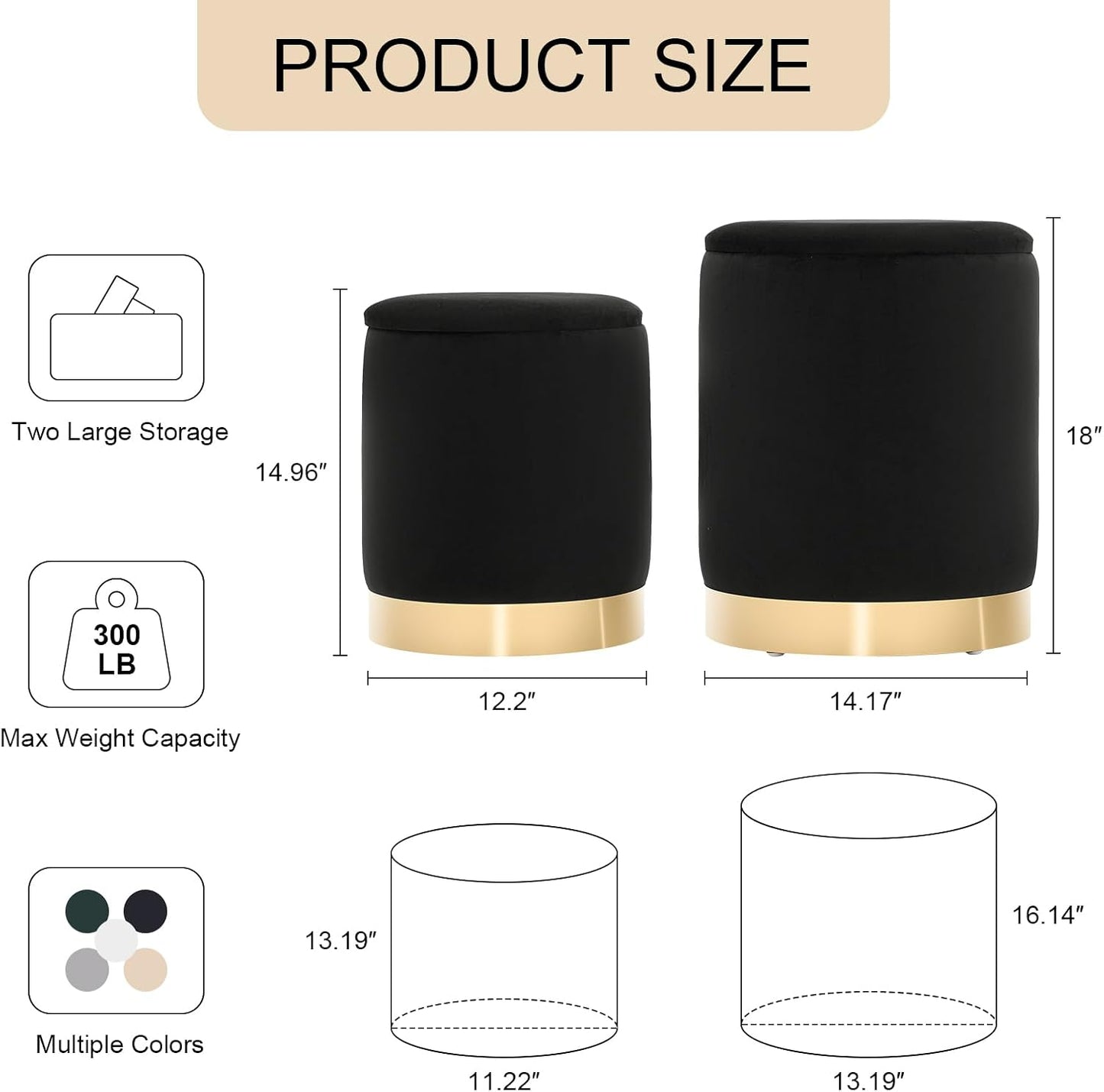 Round Ottoman with Storage Set of 2, Upholstered Velvet Storage Ottomans, Vanity Stool, Multifunctional Ottomans, Coffee Table Foot Rest Ottoman for Living Room Bedroom, Black