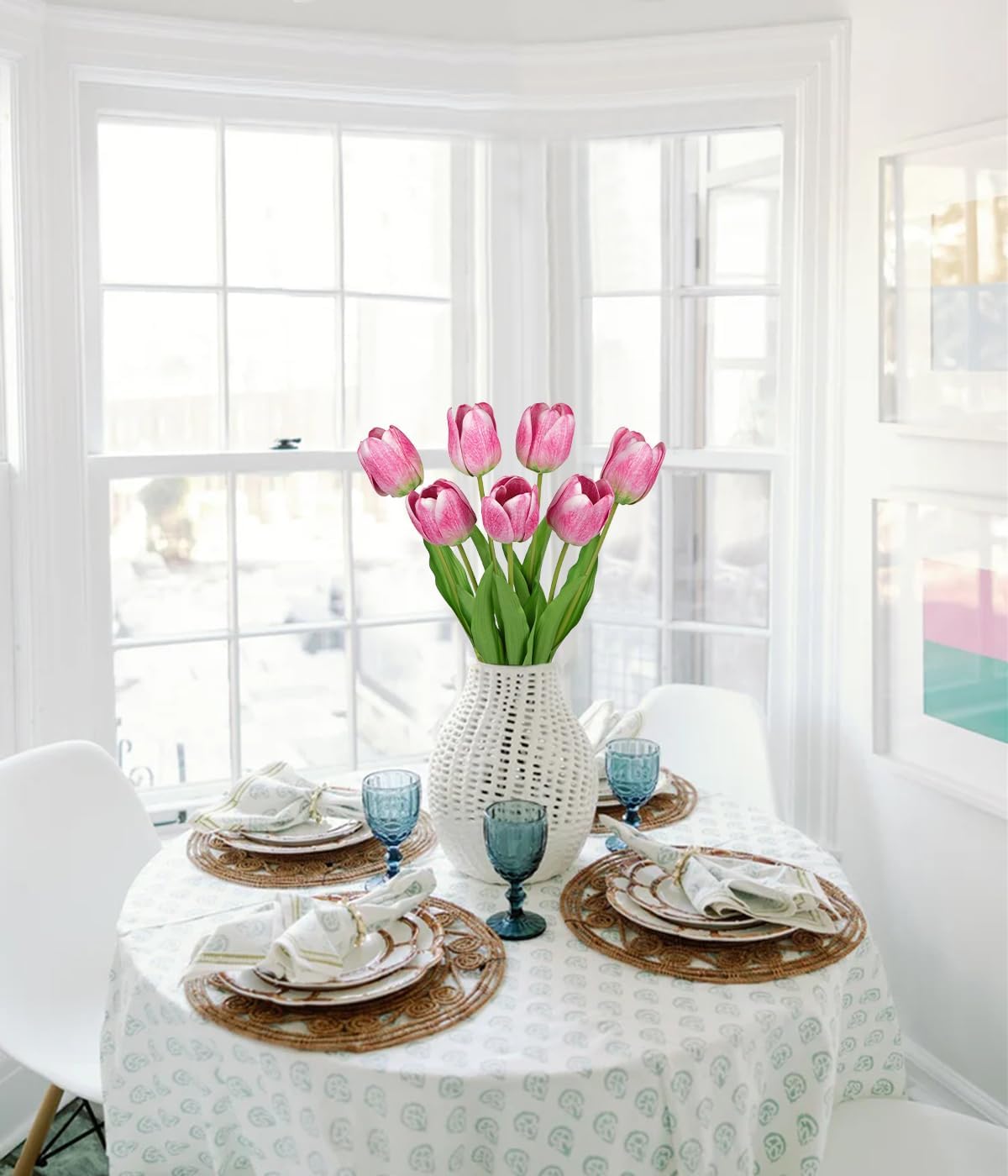 Artificial Tulips Flowers – 24" Long Stem Faux Tulips, 7PCS Real Touch Fake Pink Tulip for Vase, Farmhouse, Kitchen, Spring & Wedding Home Decor