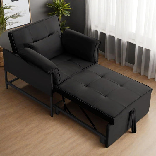 Pull Out Sofa Bed, Convertible Sleeper Chair Bed with Lumbar Pillow, 3-in-1 Sofa Chair with 3 Adjustable Backrest, Armchair Sleeper Small Couch for Small Spaces Living Room Black