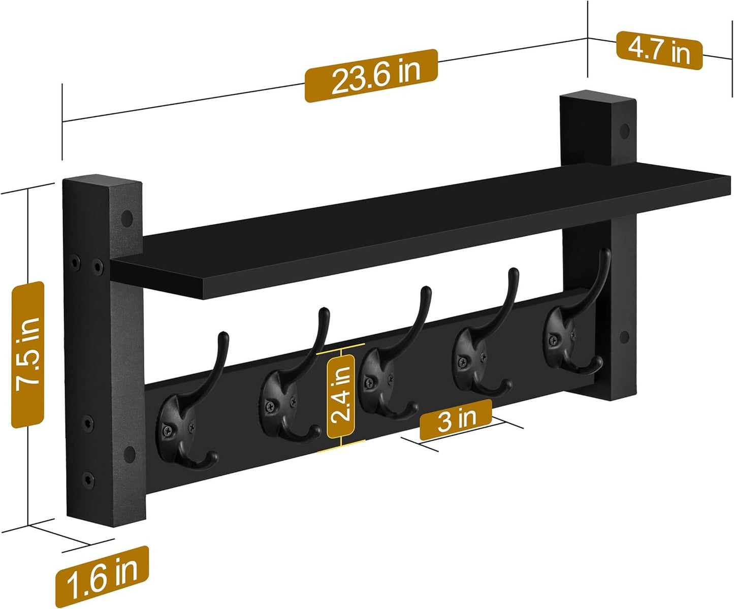 Sorbus Coat Hooks Wall Mount with Shelf – 24 Inch Coat Rack Wall Mount with 5 Heavy Duty Hooks – Floating Wall Shelf with Hooks for Entryway, Bathroom, Bedroom, Kitchen, or Mudroom (Black)