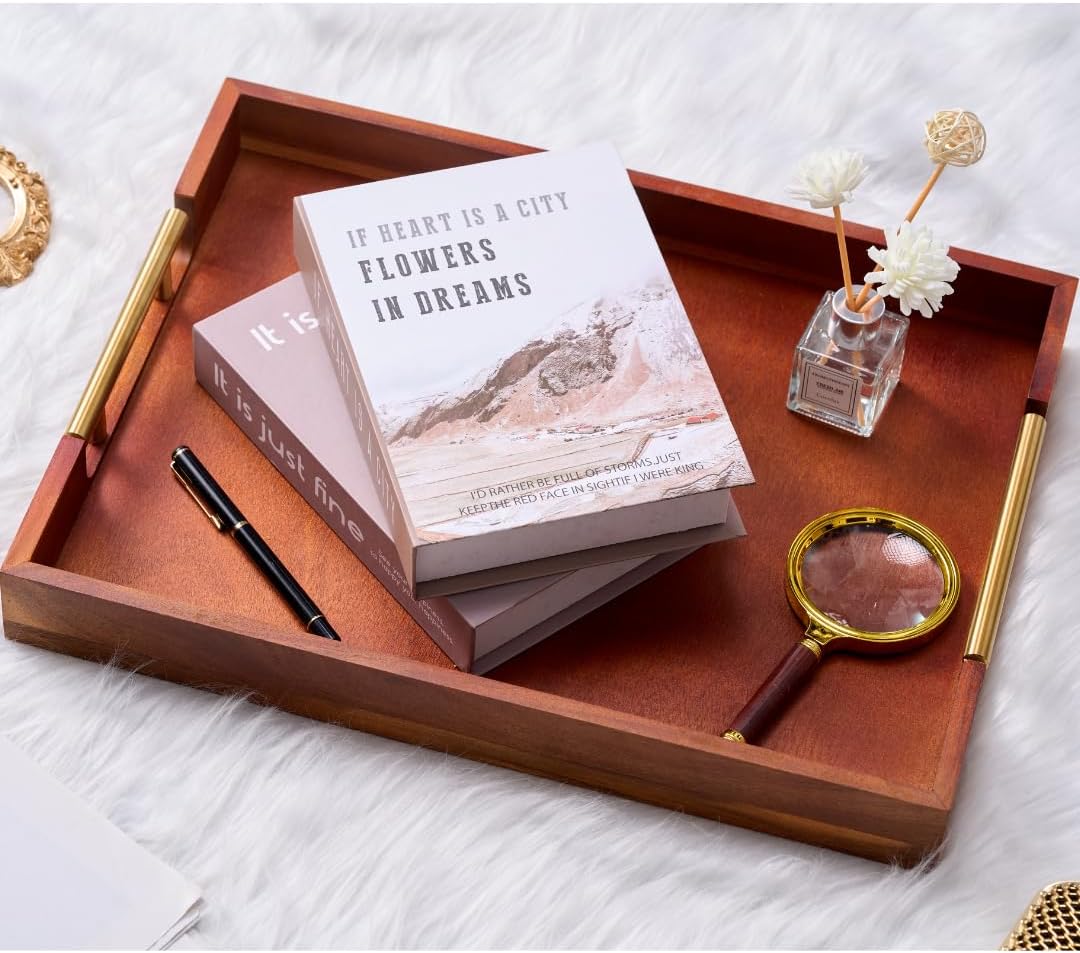 Premium Acacia Wood Ottoman Tray, 17x13 inches Large Serving Tray, Decorative Coffee Table Tray with Metal Handles, Ideal for Breakfast in Bed, Appetizers, Kitchen & Living Room Decor