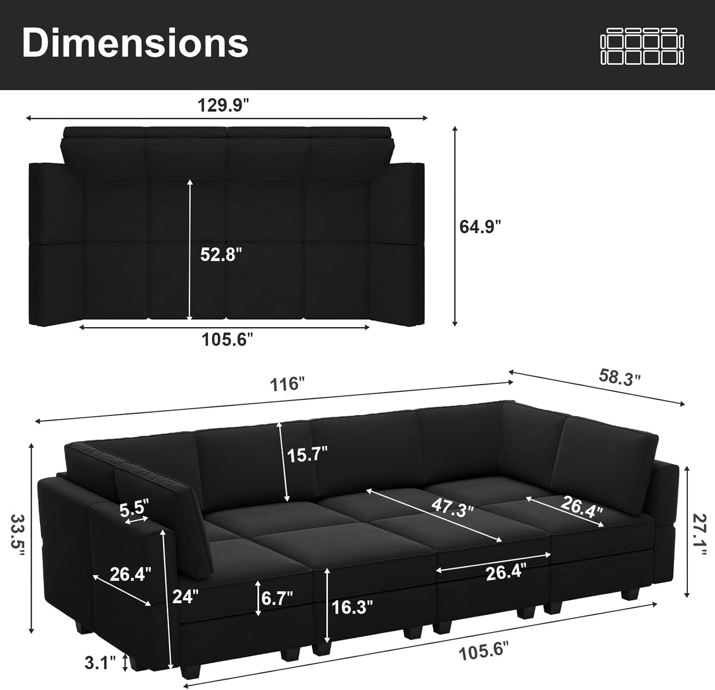 Belffin Modular Sectional Sofa with Storage Chaises Sleeper Couch 8 Seat Sectional Sofa Bed Black