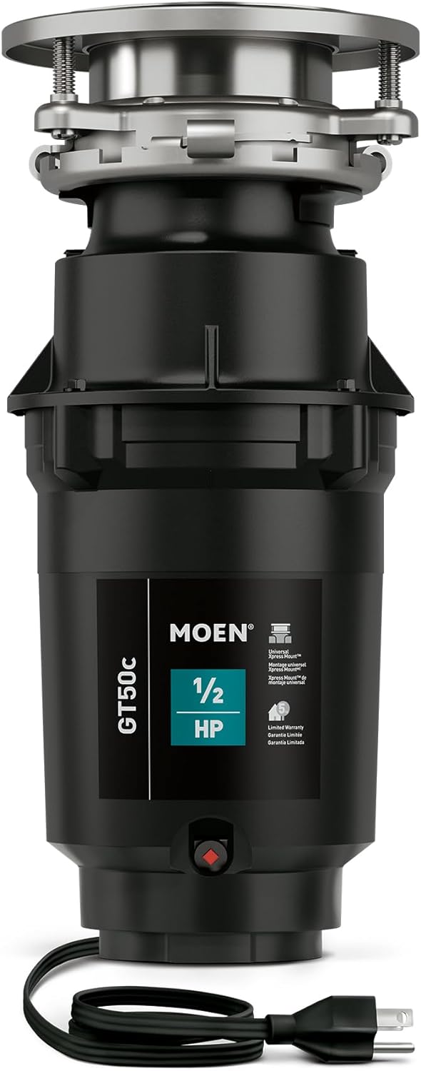 Moen Prep Series Disposer 1/2 Horsepower Continuous Feed Garbage Disposal featuring Fast Track Technology, Power Cord Included, GT50C