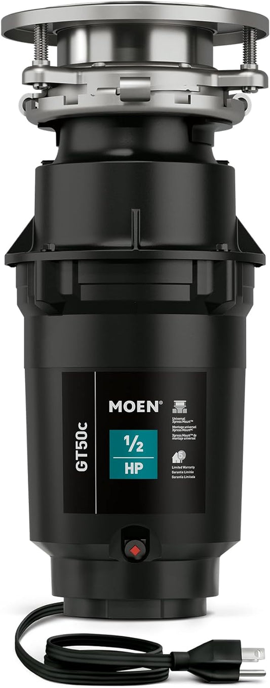 Moen Prep Series Disposer 1/2 Horsepower Continuous Feed Garbage Disposal featuring Fast Track Technology, Power Cord Included, GT50C