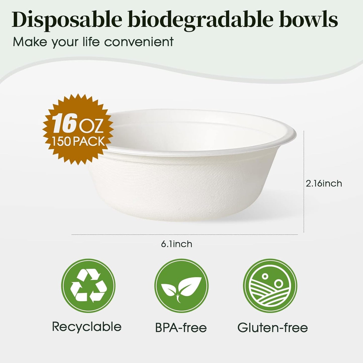 ECOLipak 16 oz Paper Bowls, [150-Pack] Compostable Paper Bowls Bulk, Heavy-duty Disposable Bowls for Hot And Cold Food