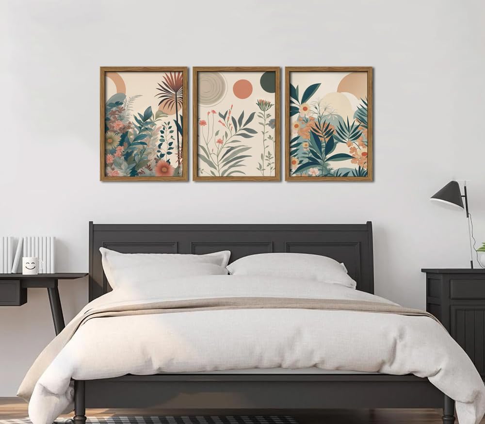 Marllifenney Wood Framed Orange Plants Canvas Wall Art Set of 3 Boho Botanical Wall Decor Abstract Floral Poster Modern Nature Prints Painting Picture for Living Room Bedroom Kitchen Office 12x16in