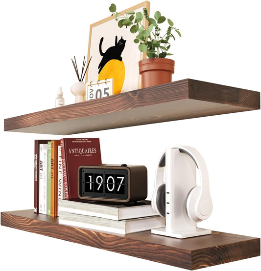 Habudda Floating Shelves Set of 2, Natural Pine Wood Shelf for Bathroom Bedroom Kitchen, 30 inch Long, Rustic Decor, Walnut