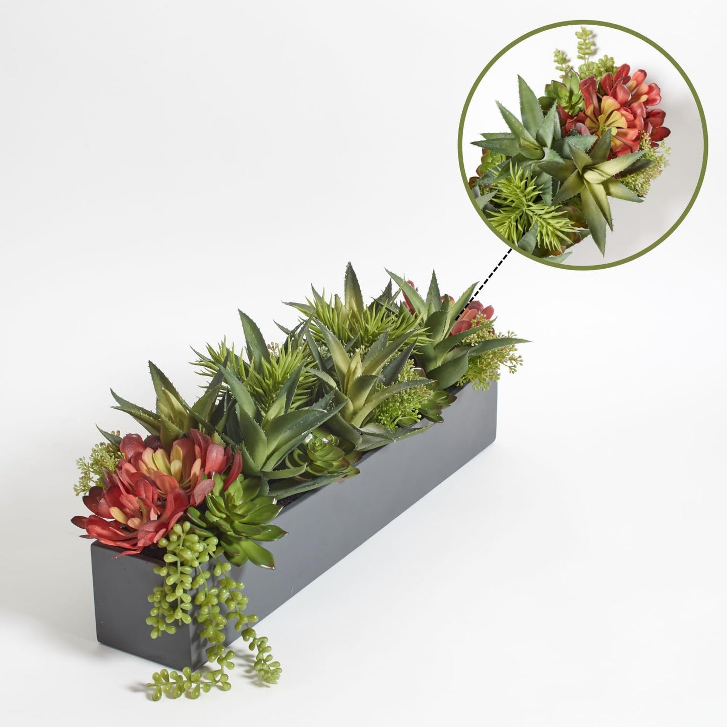 Oblong Faux Succulent Arrangement, Premium Artificial Indoor Plant Enhances Interior Design, Display on any Surface in Your Home Adding an Inviting Touch of Nature, Grey Planter Pot Included