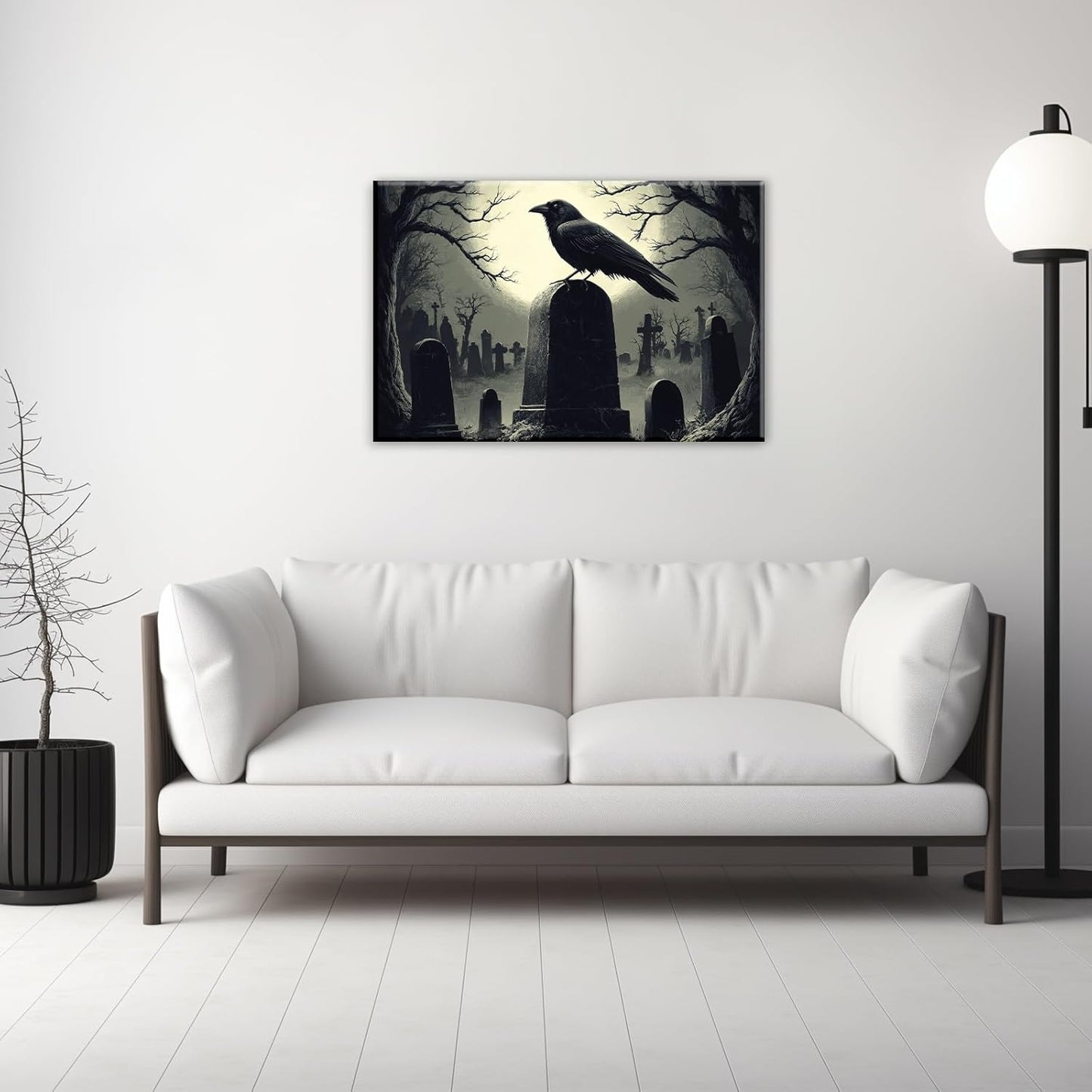Crow Canvas Wall Art Gothic Black Bird On Branch Painting Print Spooky Forest Full Moon Scenery Poster Artwork Framed Halloween Home Decor(Artwork-3,24"x36")