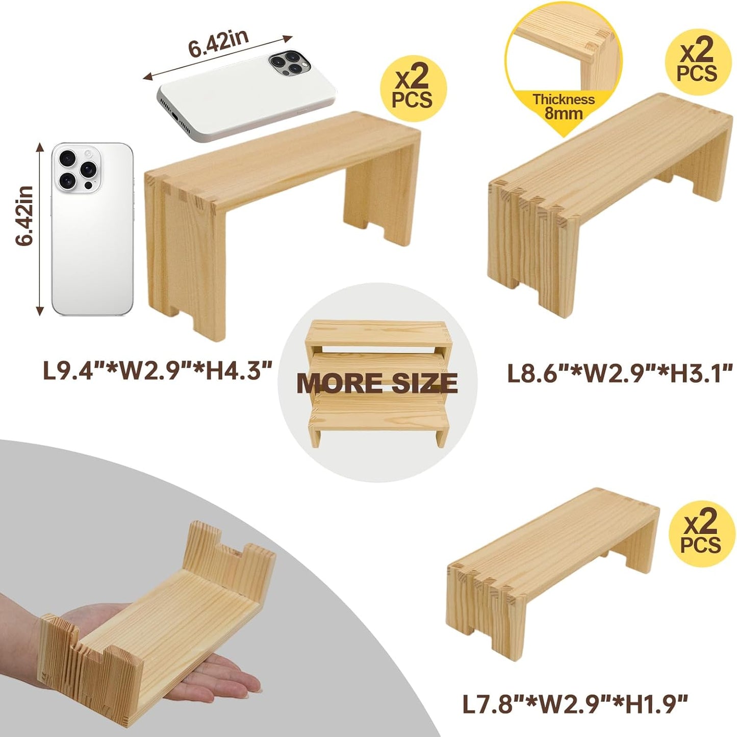 Display Wood Risers Wooden Stand 3 Tier Wood Racks Decorative Rectangular, 2 Set 6 Piece Cupcake Stands Cologne Perfume Organizer Dessert Showcase(Nature)