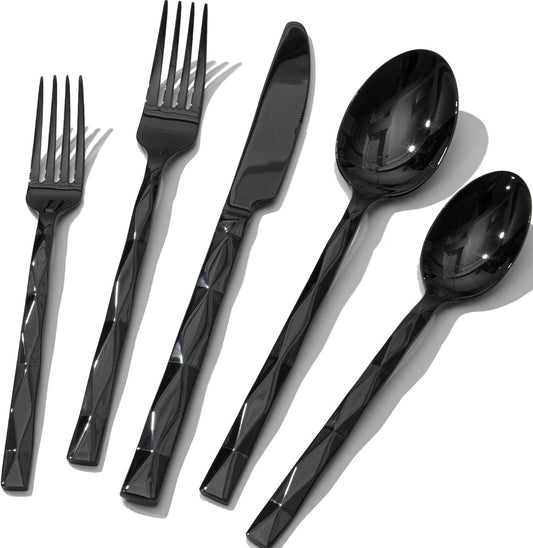 KINGSTONE Black Silverware Set, Luxury 20 Piece Flatware Set for 4, 18/10 Stainless Steel Cutlery Set with Diamond Cut Pattern for Kitchen, Home, Wedding, Party, Mirror Polished and Dishwasher Safe