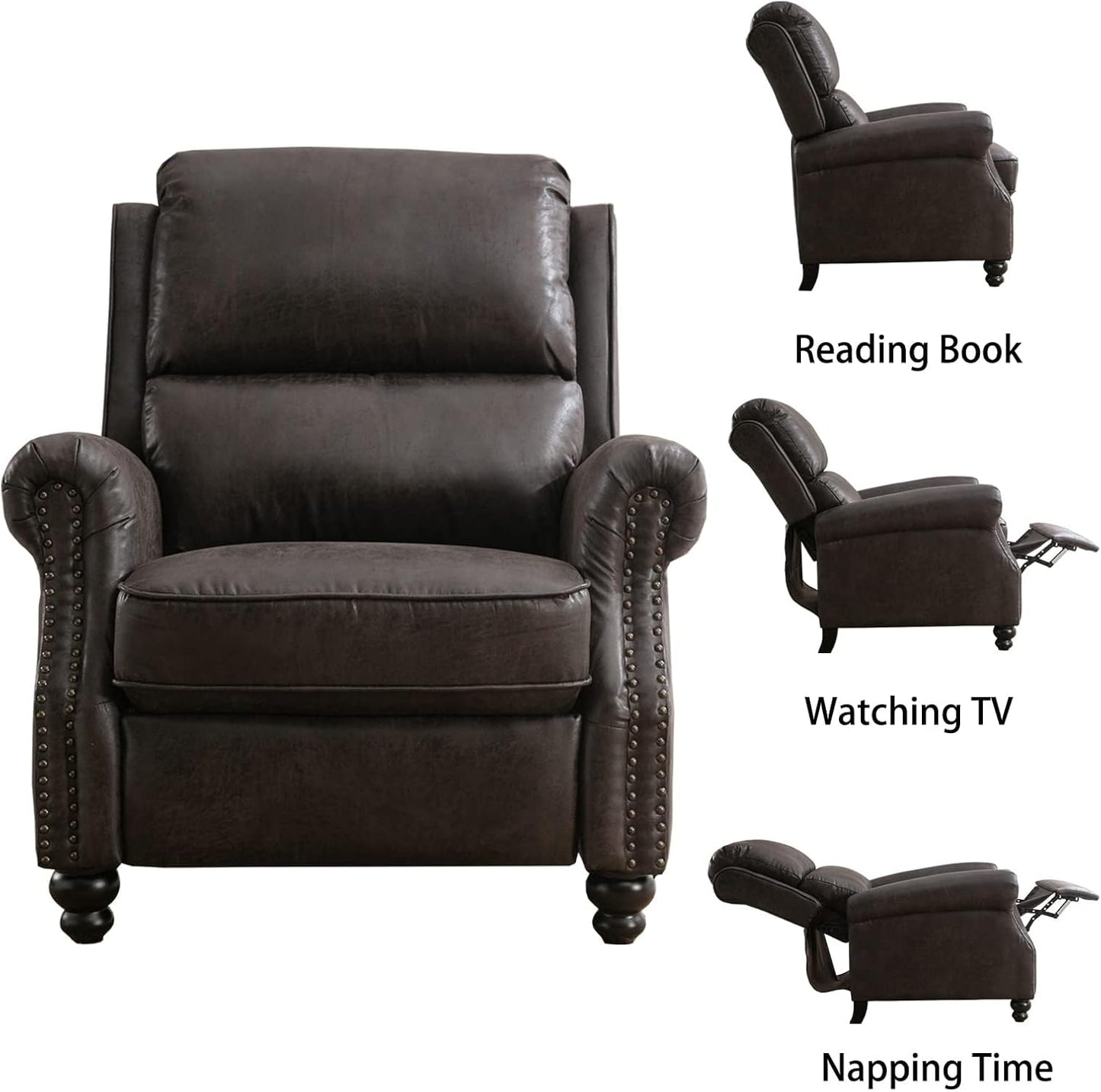 CANMOV Pushback Recliner Chair Set of 2, Faux Leather Armchair Push Back Recliner with Rivet Decoration Single Sofa Accent Chair for Living Room, Dark Grey