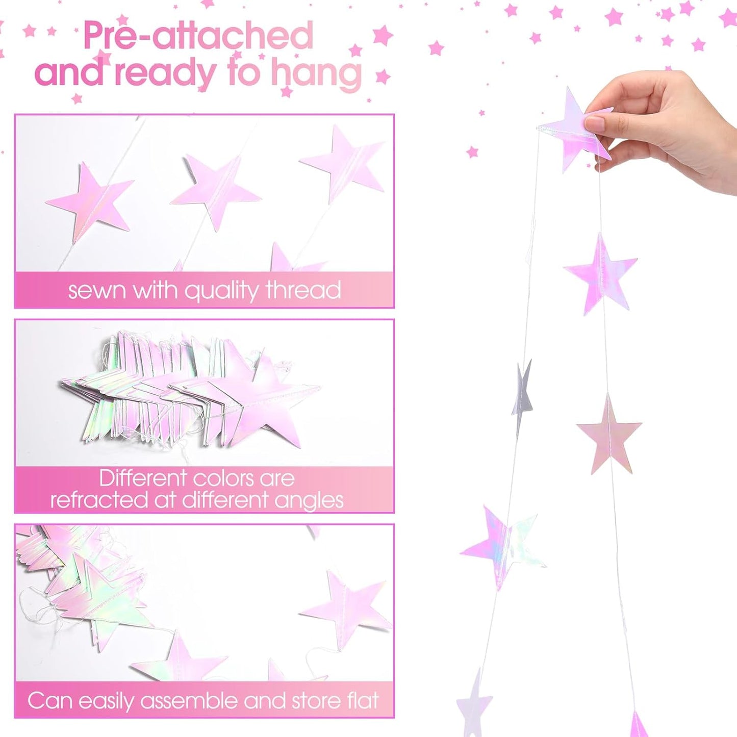 Patelai Glitter Star Garland Banner Decor 130 Feet Star Hanging Bunting Banner Twinkle Backdrop for Homecoming Classroom Wedding Birthday Halloween Christmas Party Supplies(Iridescent Pink)