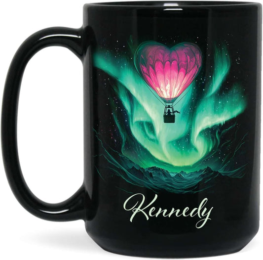 Customized Name Coffee Cup, Custom Hot Air Balloon Mug With Heart-Shaped, Personalized Northern Lights Ceramic Mug, Gift For Couples On Valentine's Day, Love Black Cup 11oz Or 15oz