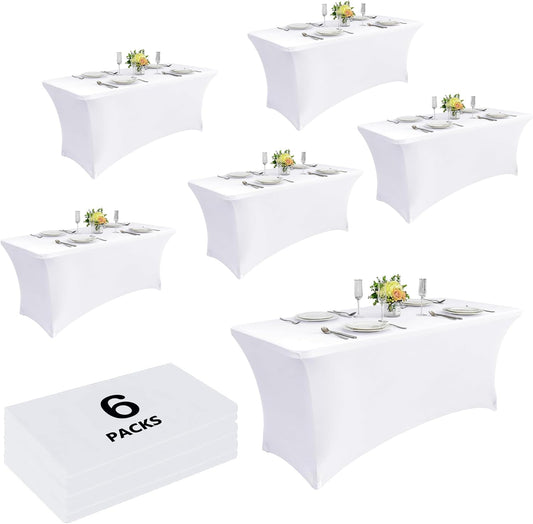 Craft And Party 6 Pack 8ft White Spandex Tablecloth – Fitted Stretch Cover – Universal Fit for Folding Tables – Wrinkle-Free, Washable – Ideal for Parties, Weddings, Events