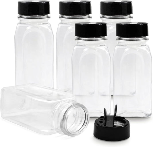 RoyalHouse - 6 Pack 14 Oz Plastic Spice Jars with Black Cap, Clear and Safe Plastic Bottle Containers with Shaker Lids for Storing Spice, Herbs and Seasoning Powders, BPA Free, Made in USA