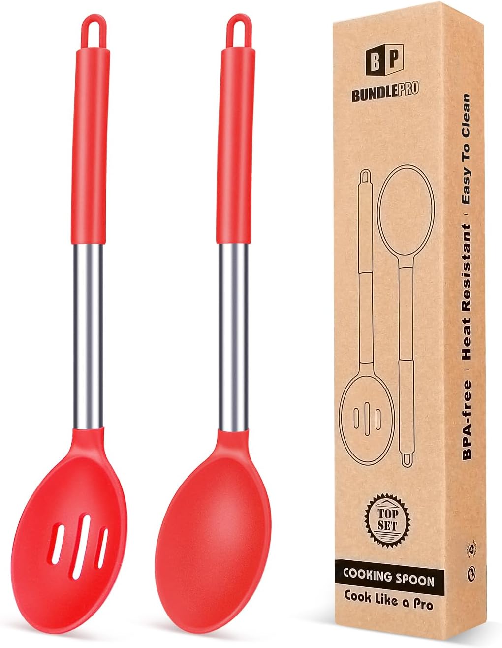 Pack of 2 Large Silicone Cooking Spoons,Non Stick Solid Basting Spoon,Heat-Resistant Kitchen Utensils for Mixing,Serving,Draining,Stirring (RED)