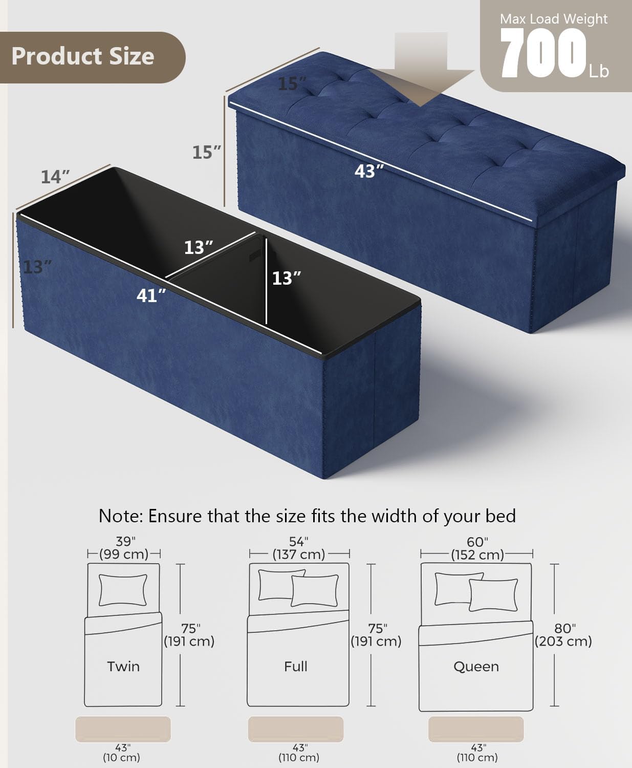 Storage Ottoman Bench, Folding Ottoman Foot Rest, End of Bed Bench,Storage Chest, for Living Room, Bedroom, Hallway, Entryway, Holds up to 700 lb (Navy BLUE1, 43")