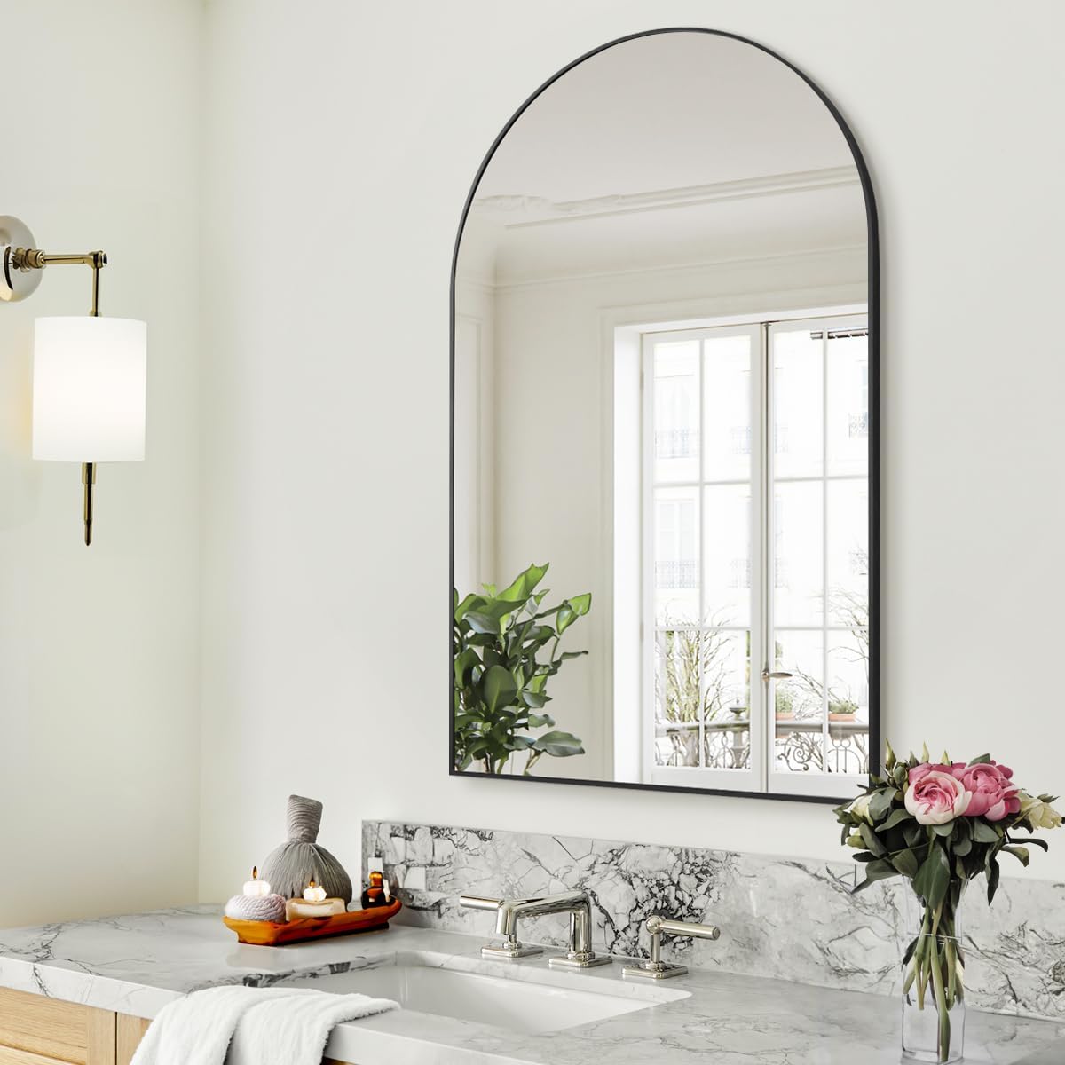 BEAUTYPEAK 26"x38" Arch Bathroom Mirror, Wall Mounted Vanity Metal Frame Mirror for Bedroom, Entryway, Living Room, Black