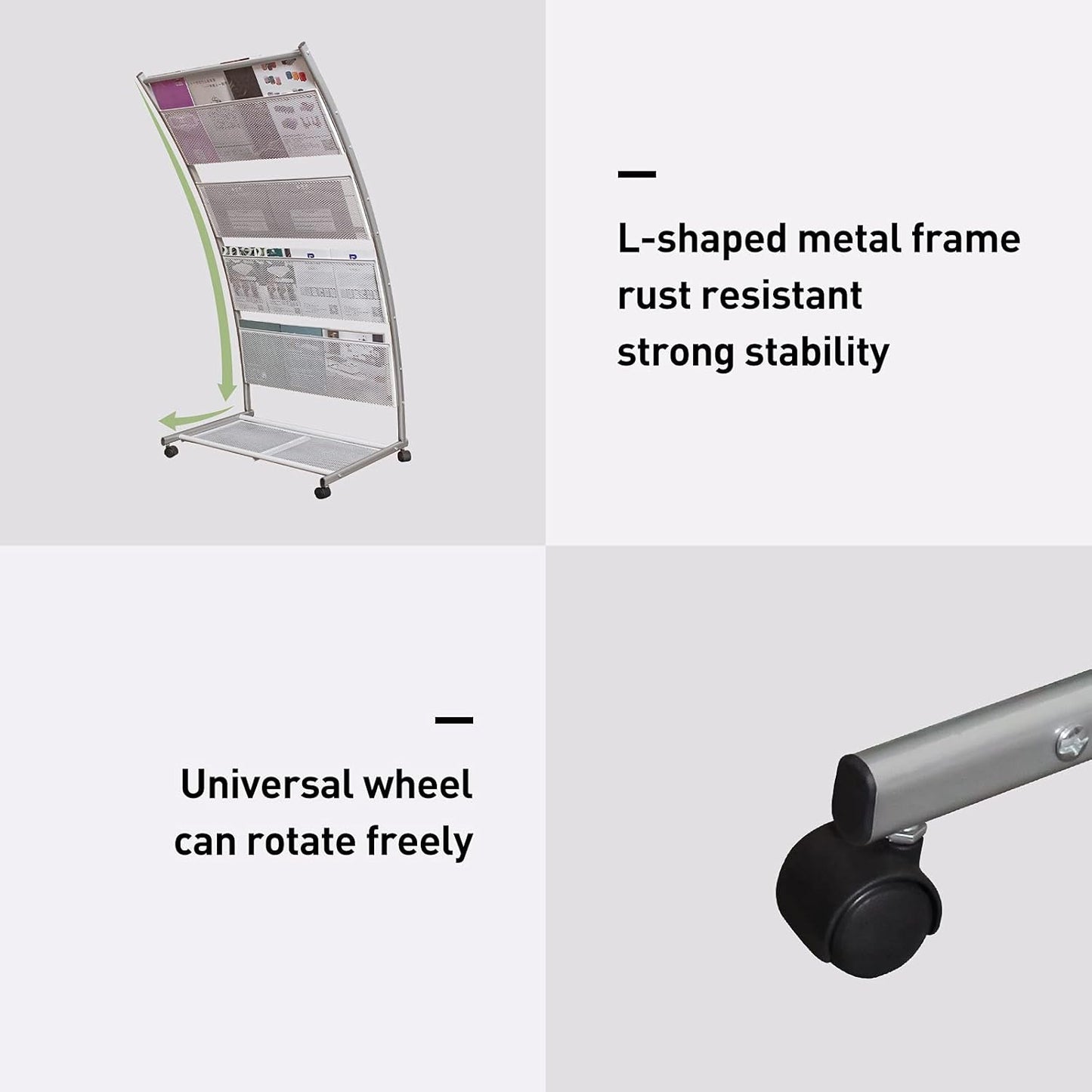 Brochure Display Stand, Floor-Standing Magazine Rack with 4 Pockets, Information Rack With casters Easy to Move for Trade Show Exhibitions Office Retail Store 44.1" H