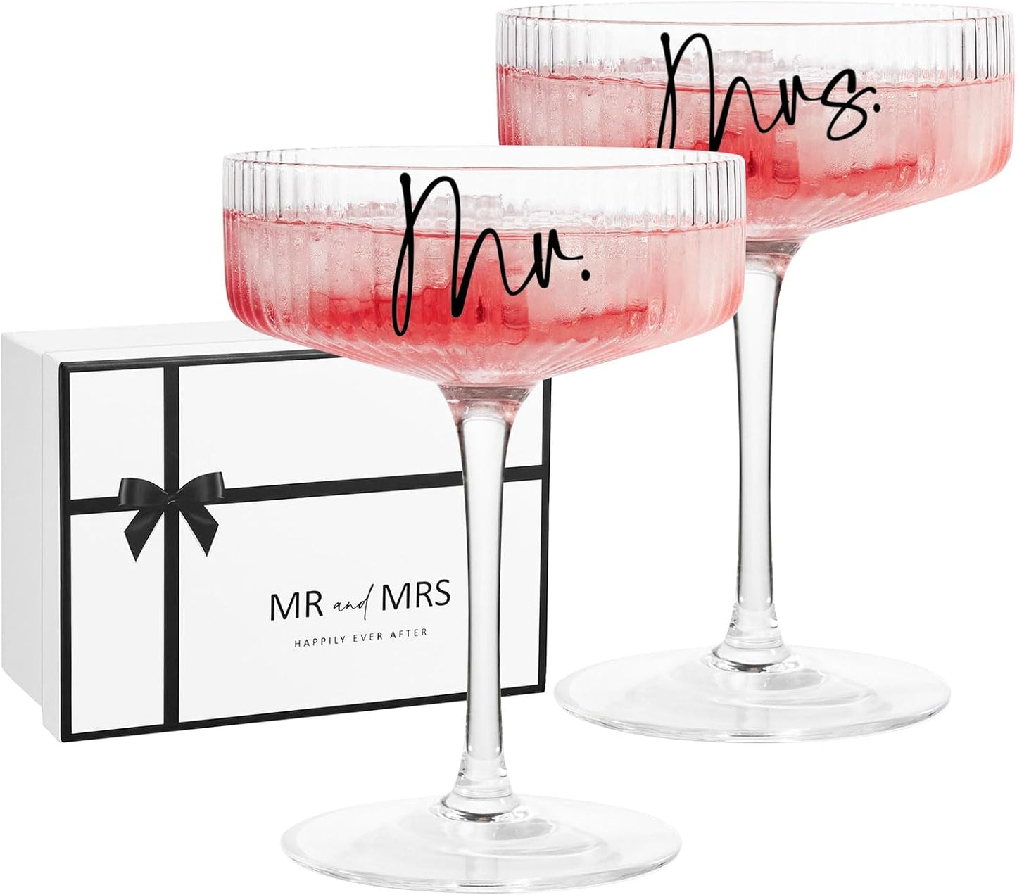 Ribbed Coupe Glasses for Anniversary Engagement Wedding Bridal Shower Gifts for Couple, Crystal Martini Glasses Set of 2, 10 Oz Vintage Wedding Mr and Mrs Champagne Flutes, Margarita Cocktail Glasses